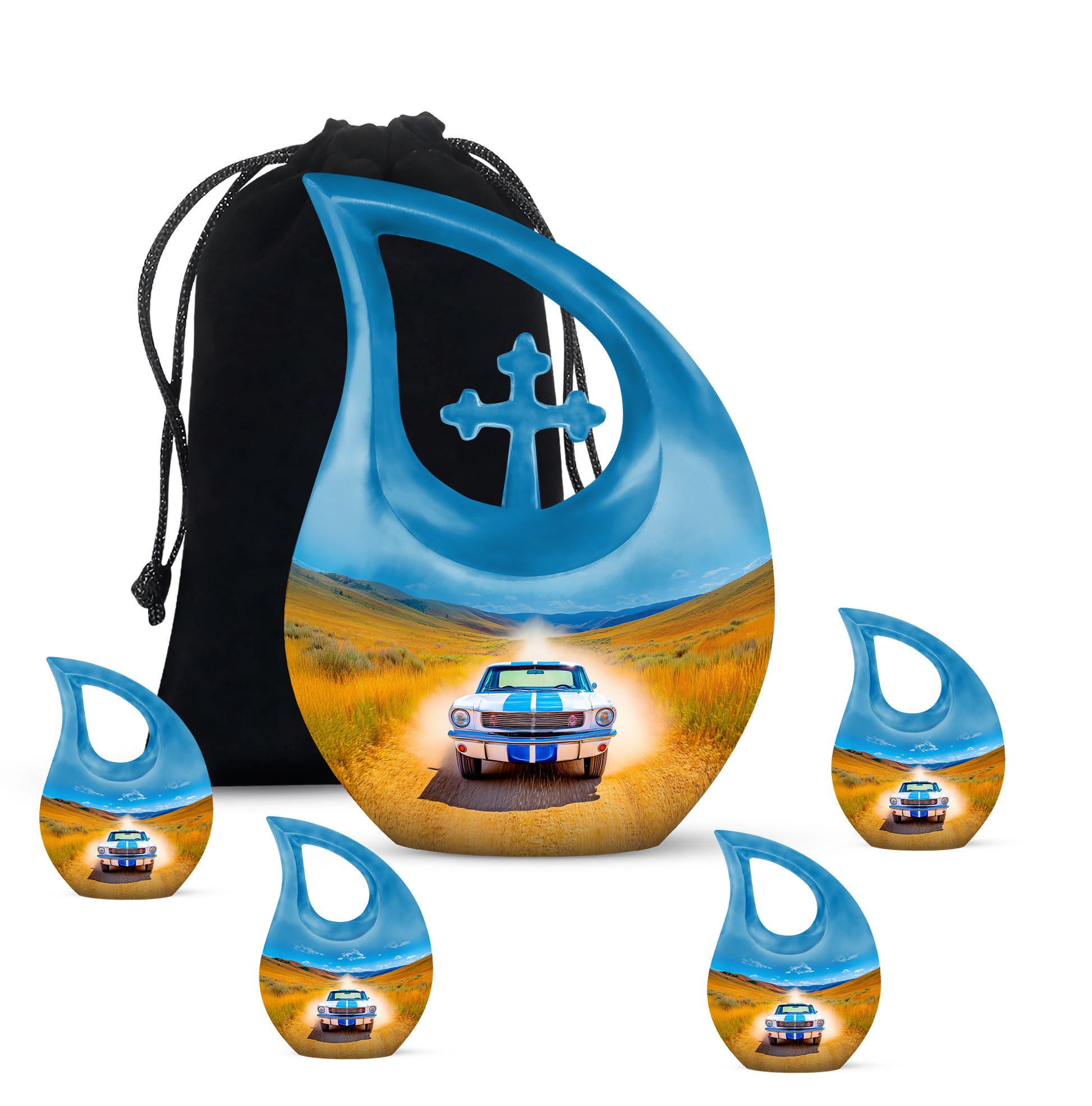 Steel Blue Car Cremation Urn urn with complimentary velvet bag - devotional cross-drop car engraving - memorial set with one large and four small urns