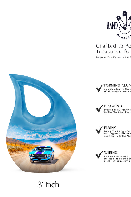 Serene Blue Car Cremation Urn back view with polished surface - faith-inspired cross-drop urn with car pattern - mini keepsake memorial for portion of cremation ashes