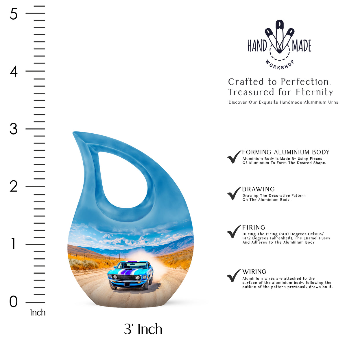Serene Blue Car Cremation Urn back view with polished surface - faith-inspired cross-drop urn with car pattern - mini keepsake memorial for portion of cremation ashes