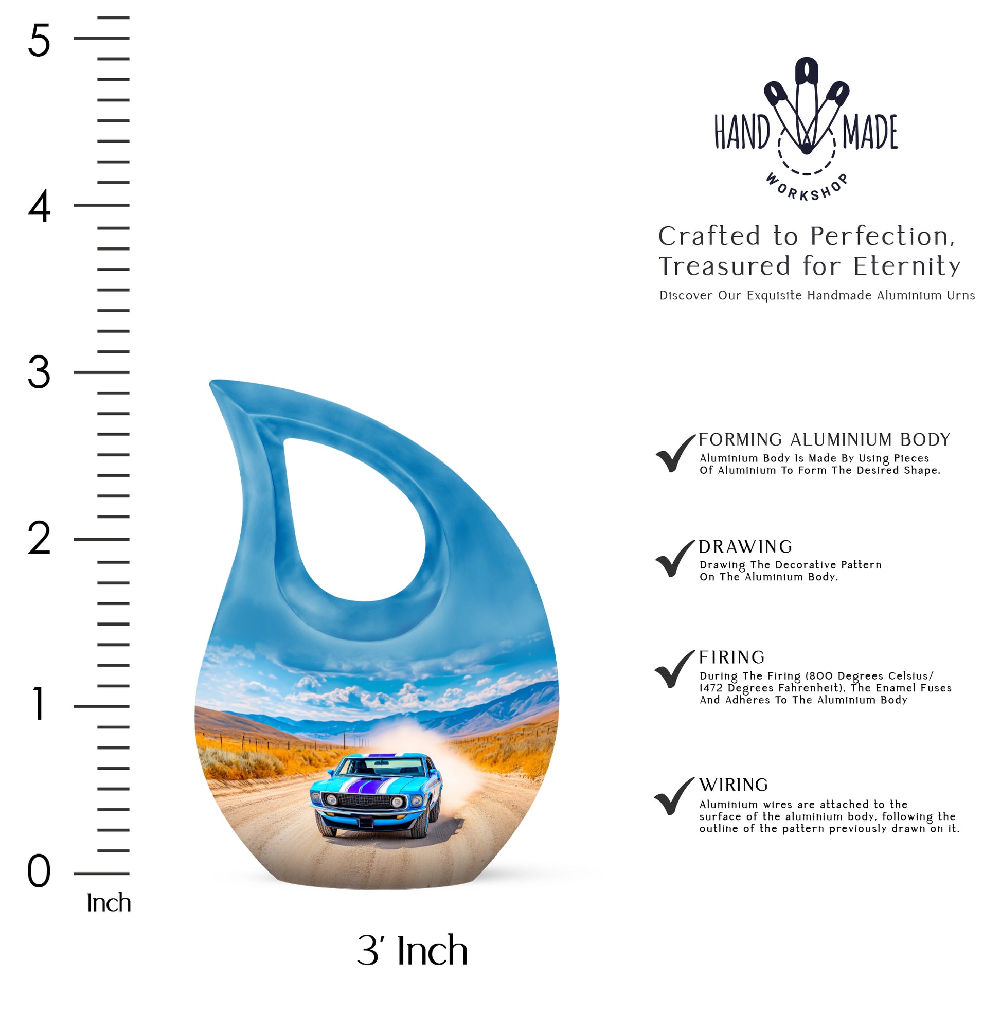 Serene Blue Car Cremation Urn back view with polished surface - faith-inspired cross-drop urn with car pattern - mini keepsake memorial for portion of cremation ashes