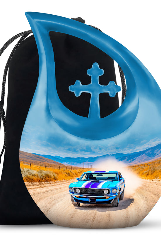 Misty Blue Car Cremation Urn top-down view of secure threaded lid - sacred cross merged with car motif on metal - full-size 10 inch 200 cubic inch adult cremation urn