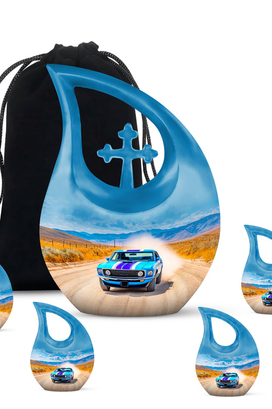 Slate Blue Car Cremation Urn urn with complimentary velvet bag - cross and car combined in spiritual memorial design - memorial set with one large and four small urns
