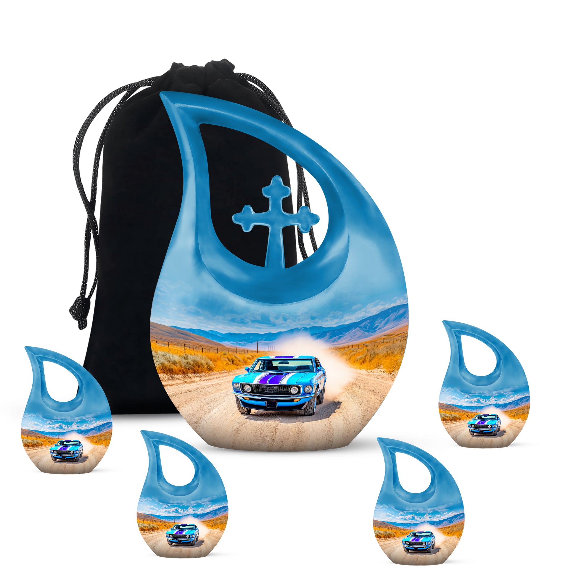 Slate Blue Car Cremation Urn urn with complimentary velvet bag - cross and car combined in spiritual memorial design - memorial set with one large and four small urns