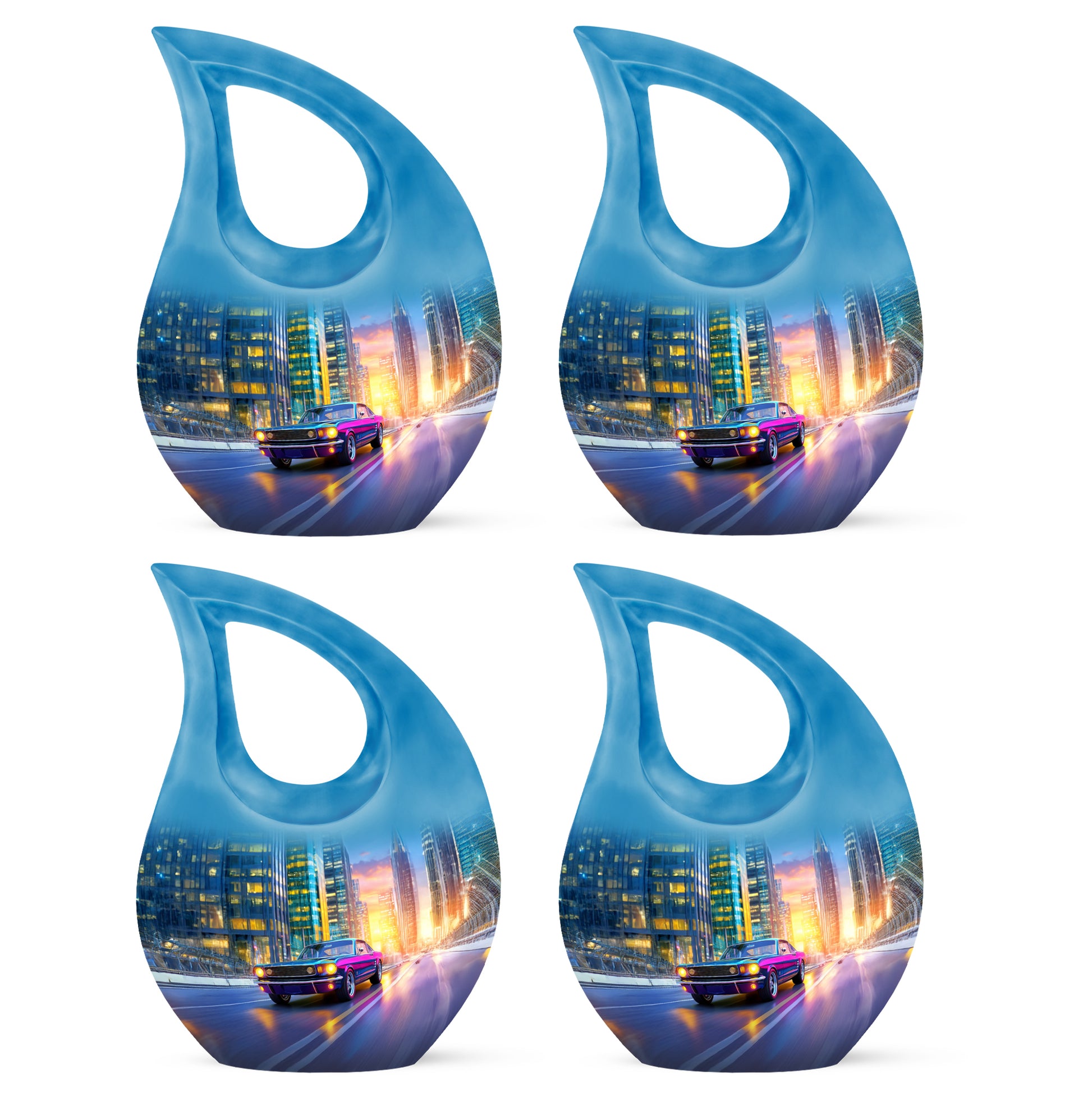 Cornflower Blue Car Cremation Urn lifestyle display on memorial shelf - faith-inspired cross-drop urn with car pattern - 10 inch aluminum urn for cremated remains