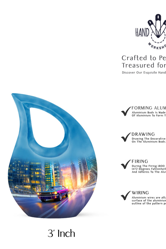 Sky Blue Car Cremation Urn back view with polished surface - cross and car combined in spiritual memorial design - mini keepsake memorial for portion of cremation ashes