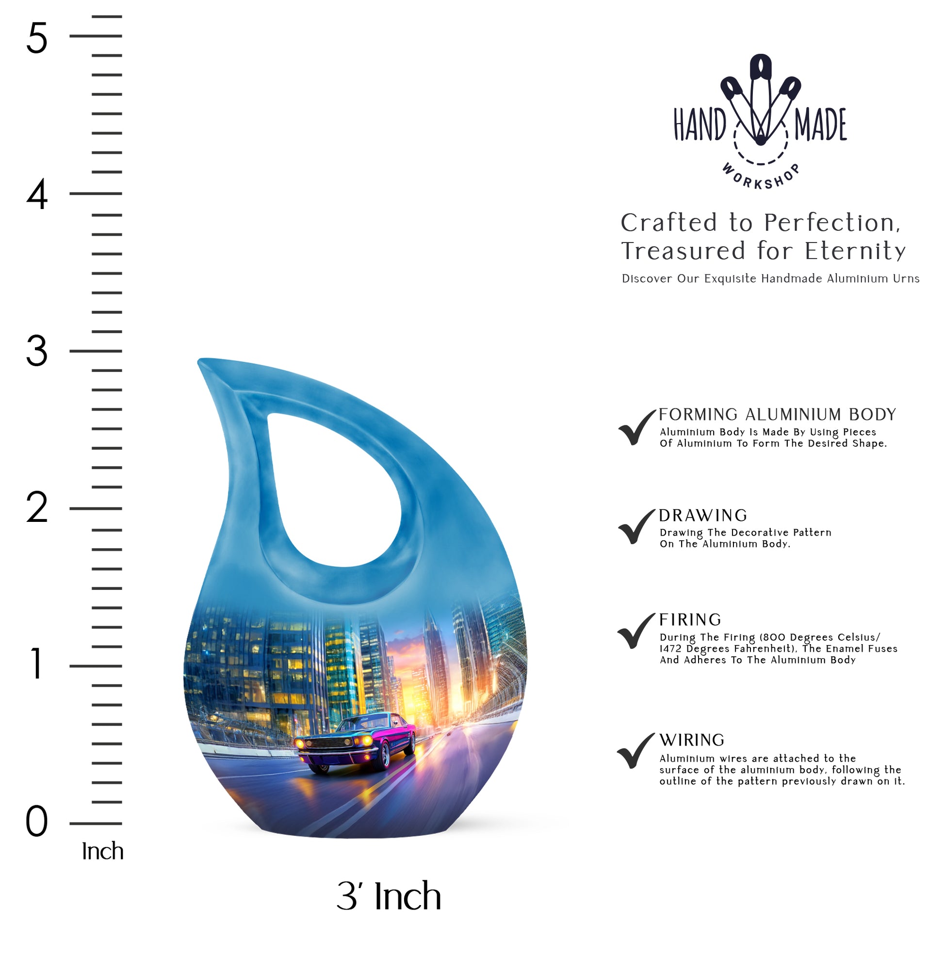 Sky Blue Car Cremation Urn back view with polished surface - cross and car combined in spiritual memorial design - mini keepsake memorial for portion of cremation ashes