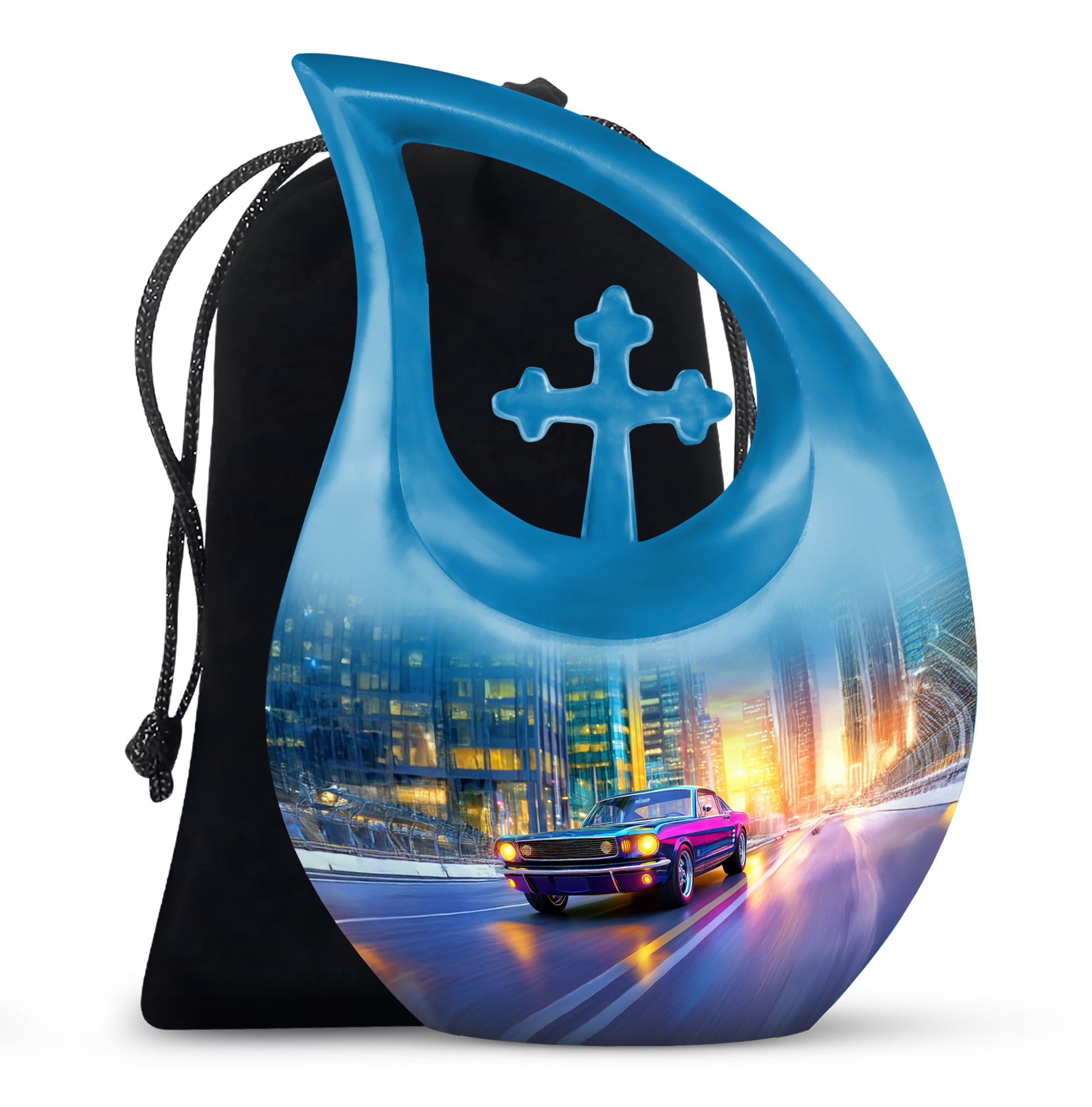 Sapphire Blue Car Cremation Urn top-down view of secure threaded lid - devotional cross-drop car engraving - full-size 10 inch 200 cubic inch adult cremation urn