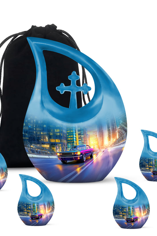 Sapphire Blue Car Cremation Urn urn with complimentary velvet bag - devotional cross-drop car engraving - memorial set with one large and four small urns
