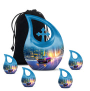 Sapphire Blue Car Cremation Urn urn with complimentary velvet bag - devotional cross-drop car engraving - memorial set with one large and four small urns