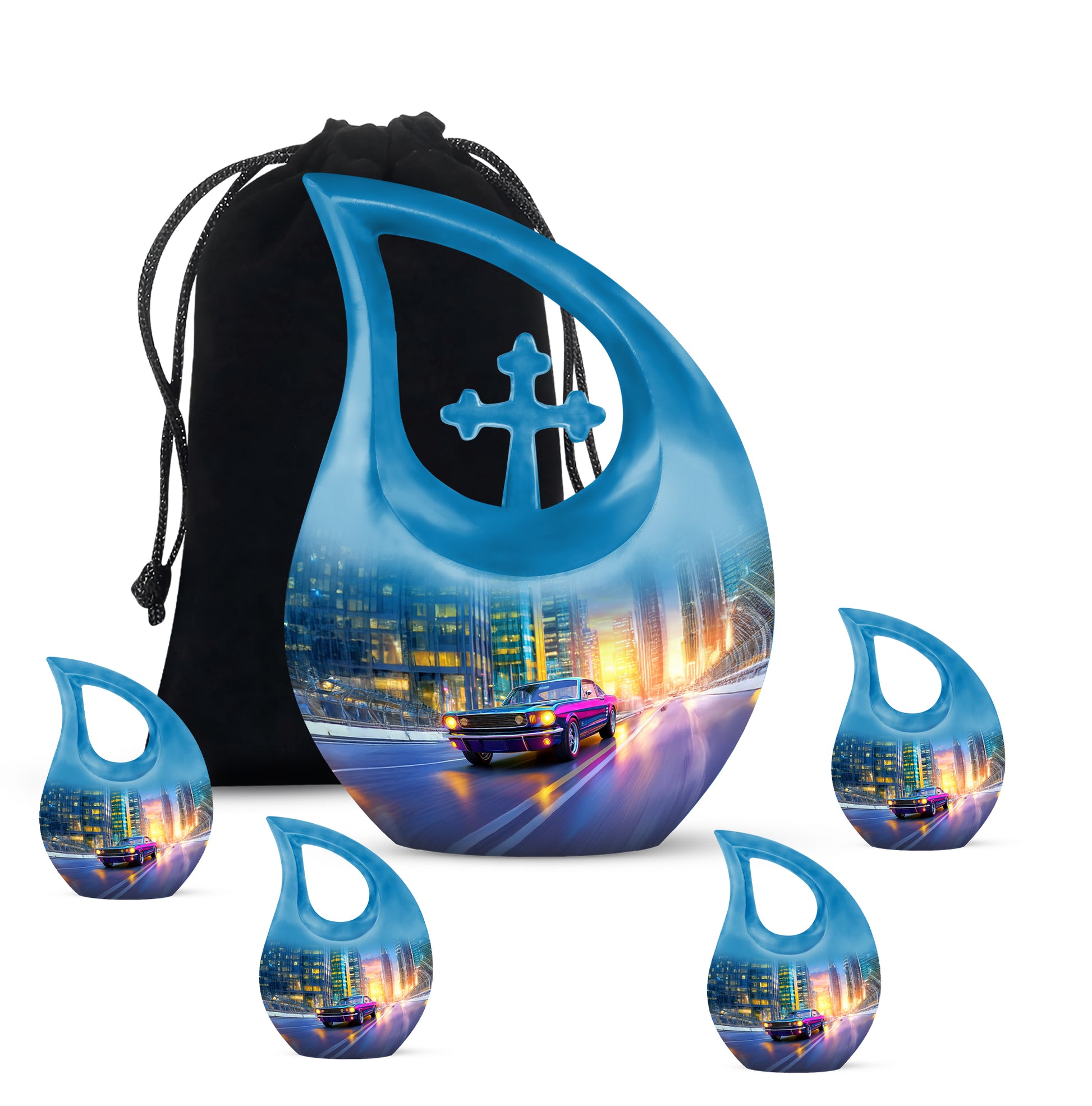 Sapphire Blue Car Cremation Urn urn with complimentary velvet bag - devotional cross-drop car engraving - memorial set with one large and four small urns