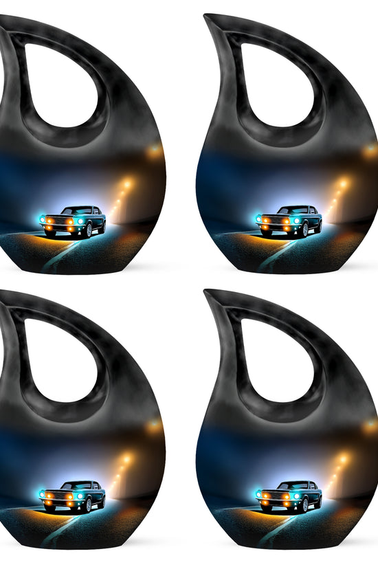 Dark Black Car Cremation Urn lifestyle display on memorial shelf - faith-inspired cross-drop urn with car pattern - 10 inch aluminum urn for cremated remains