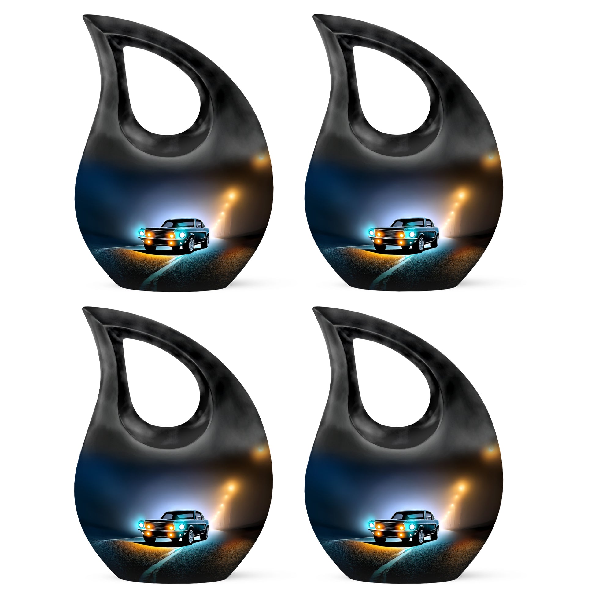 Dark Black Car Cremation Urn lifestyle display on memorial shelf - faith-inspired cross-drop urn with car pattern - 10 inch aluminum urn for cremated remains