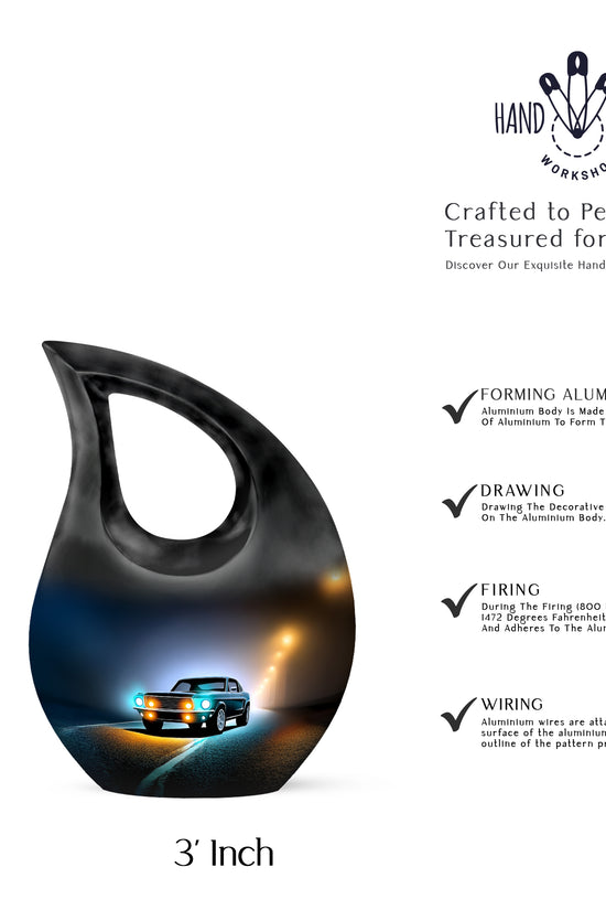 Dark Black Car Cremation Urn back view with polished surface - faith-inspired cross-drop urn with car pattern - mini keepsake memorial for portion of cremation ashes