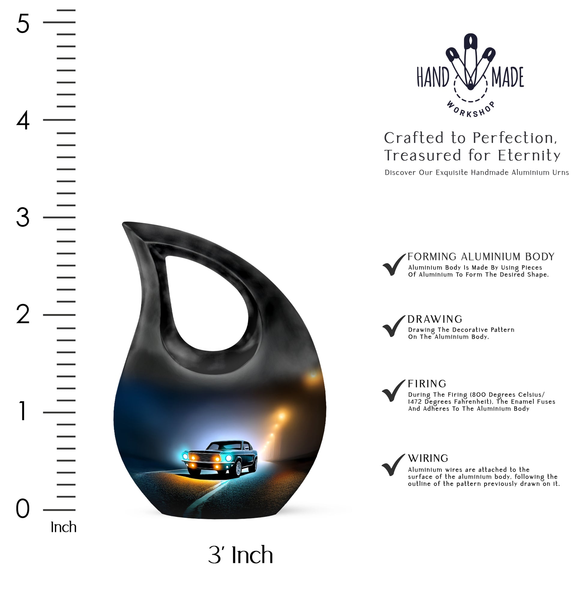 Dark Black Car Cremation Urn back view with polished surface - faith-inspired cross-drop urn with car pattern - mini keepsake memorial for portion of cremation ashes