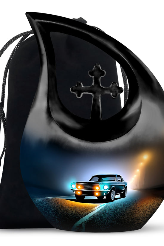 Ebony Car Cremation Urn top-down view of secure threaded lid - sacred cross merged with car motif on metal - full-size 10 inch 200 cubic inch adult cremation urn
