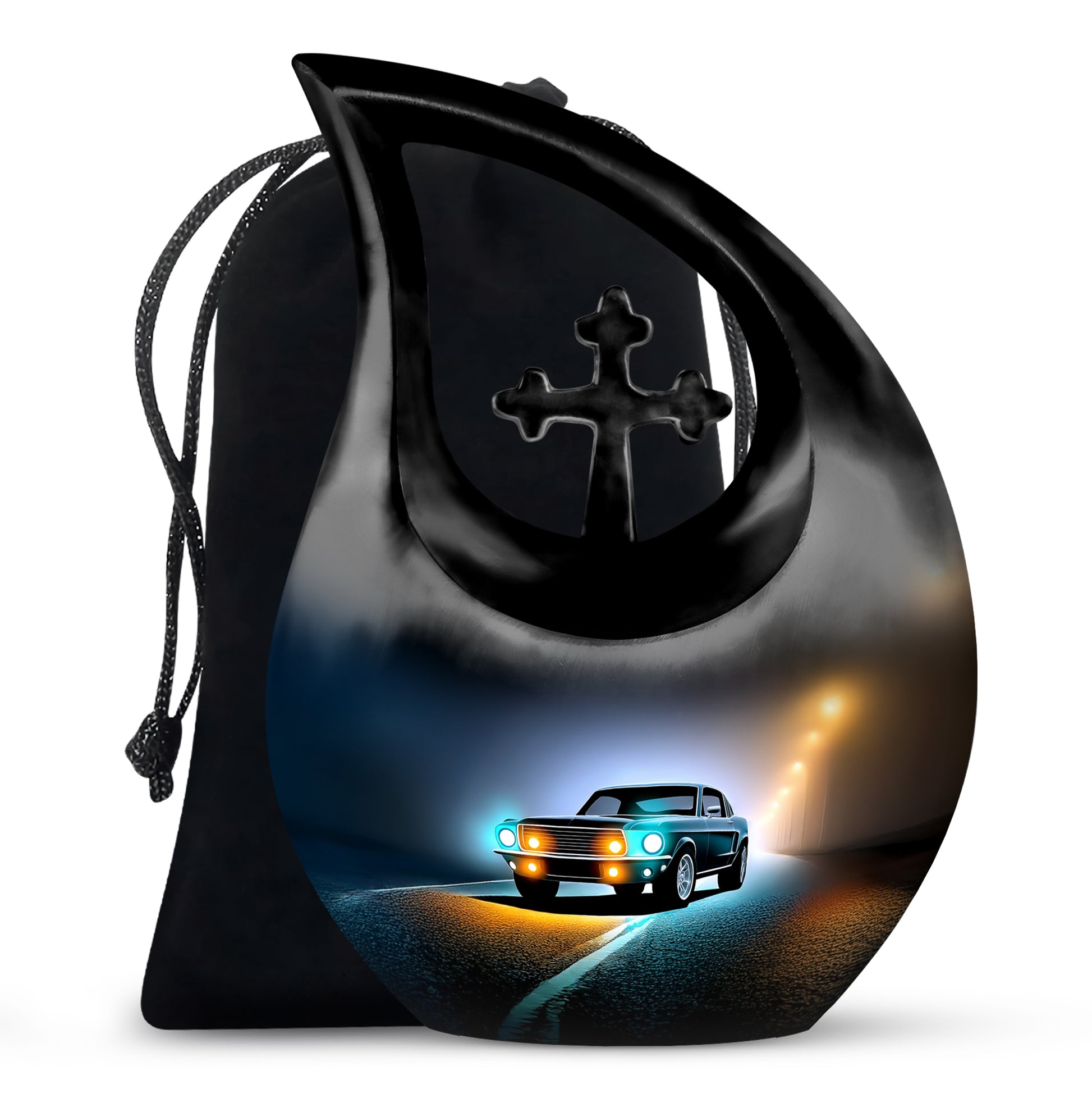 Ebony Car Cremation Urn top-down view of secure threaded lid - sacred cross merged with car motif on metal - full-size 10 inch 200 cubic inch adult cremation urn
