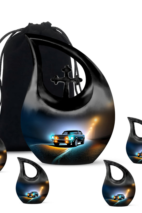 Onyx Black Car Cremation Urn urn with complimentary velvet bag - devotional cross-drop car engraving - memorial set with one large and four small urns