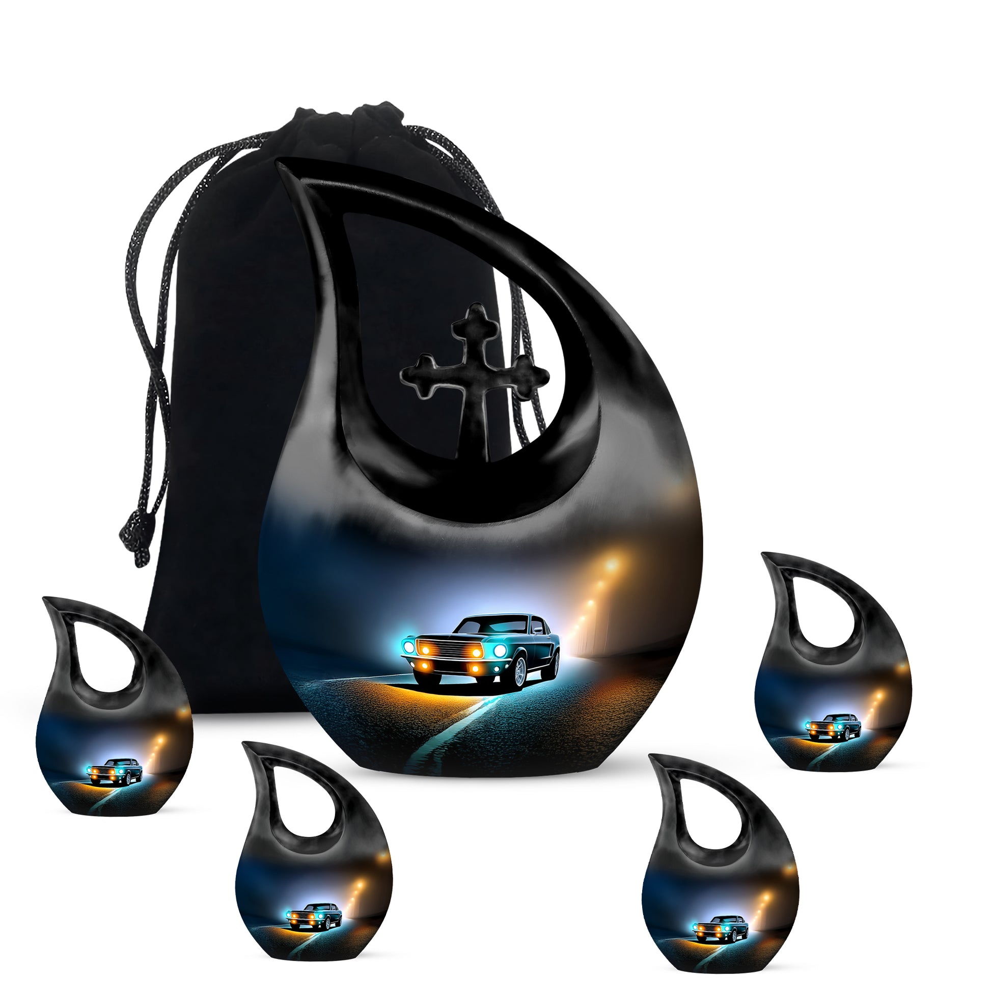Onyx Black Car Cremation Urn urn with complimentary velvet bag - devotional cross-drop car engraving - memorial set with one large and four small urns