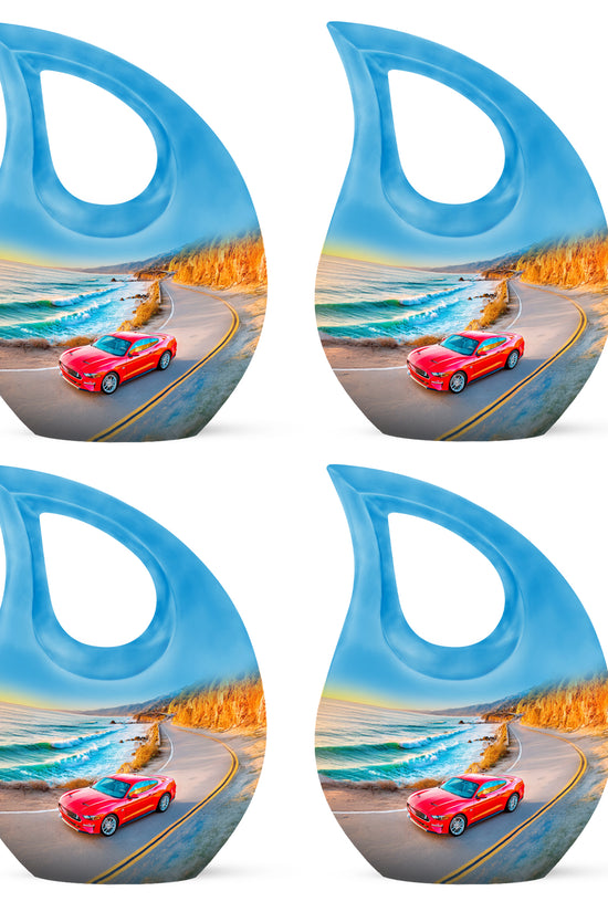 Bright Blue Car Cremation Urn lifestyle display on memorial shelf - faith-inspired cross-drop urn with car pattern - 10 inch aluminum urn for cremated remains