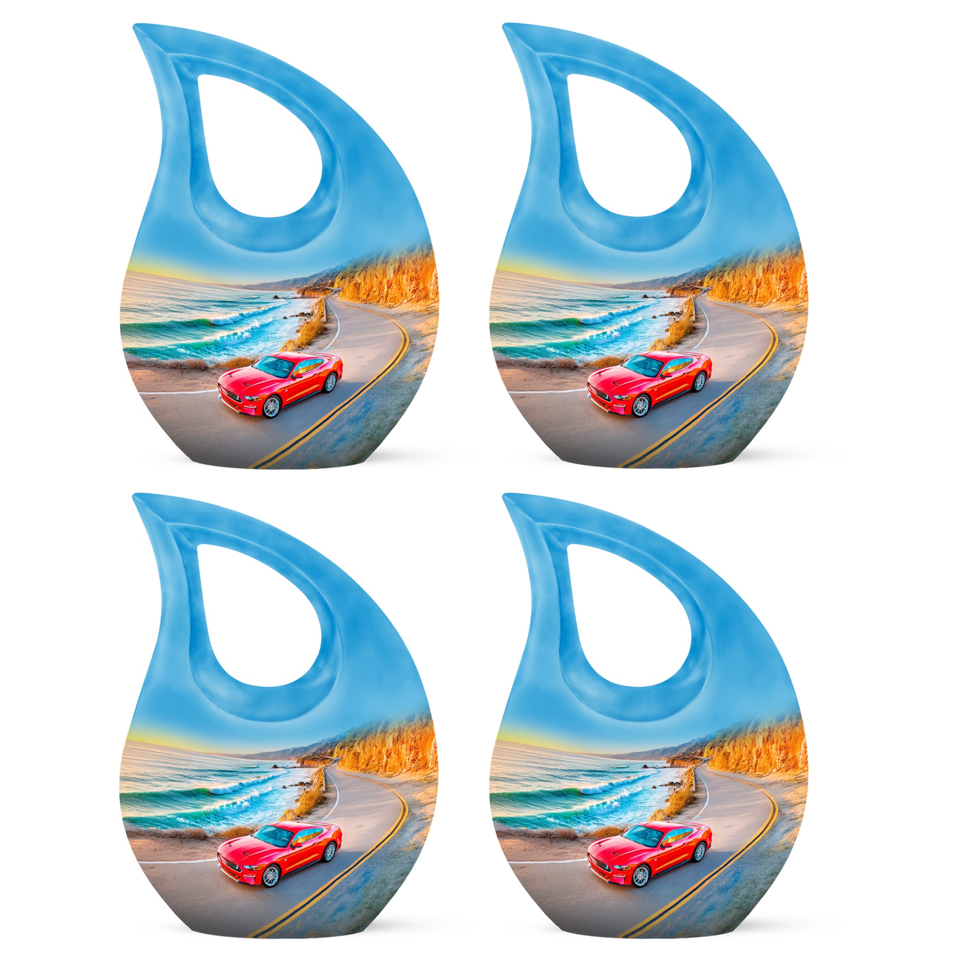 Bright Blue Car Cremation Urn lifestyle display on memorial shelf - faith-inspired cross-drop urn with car pattern - 10 inch aluminum urn for cremated remains