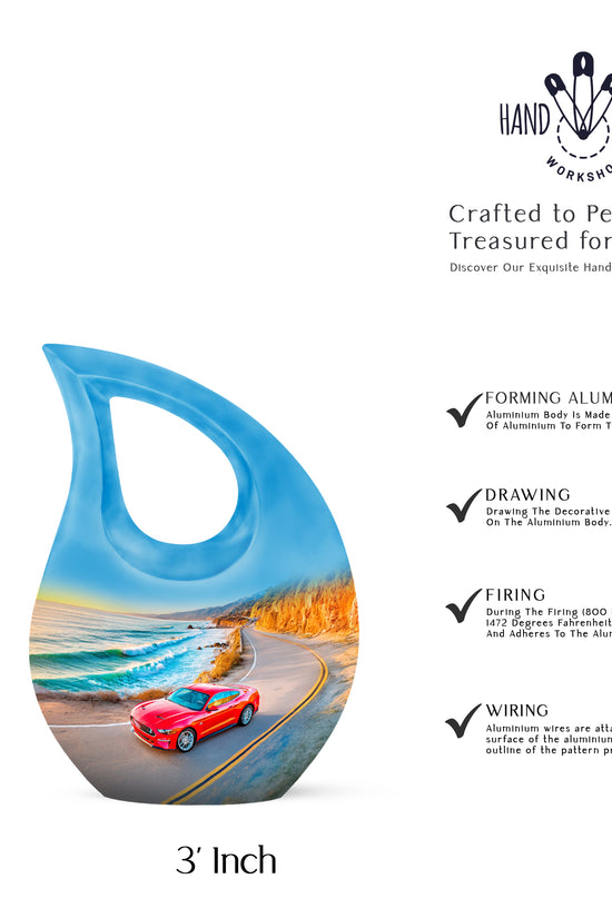 Indigo Car Cremation Urn back view with polished surface - cross and car combined in spiritual memorial design - mini keepsake memorial for portion of cremation ashes