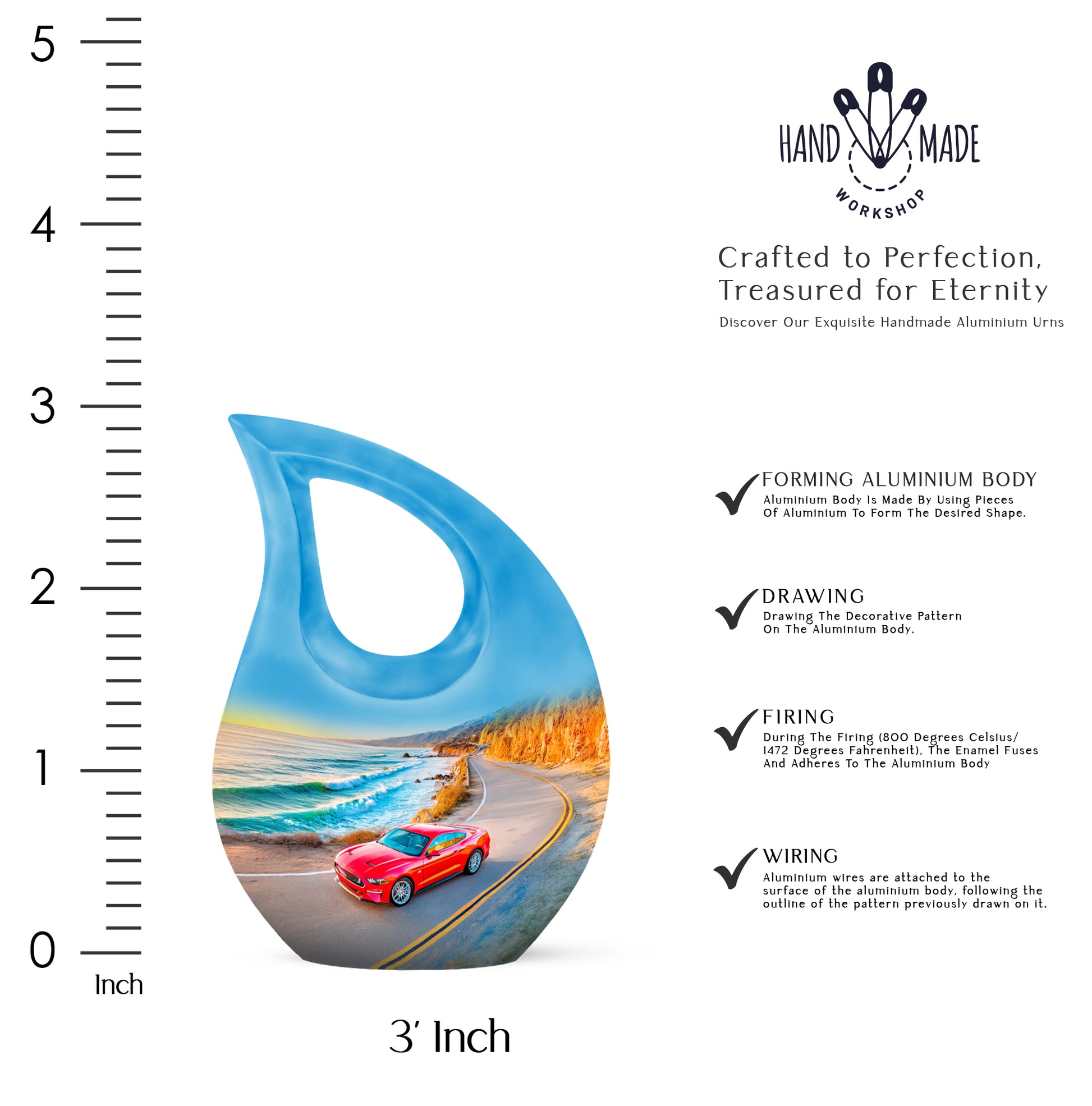 Indigo Car Cremation Urn back view with polished surface - cross and car combined in spiritual memorial design - mini keepsake memorial for portion of cremation ashes