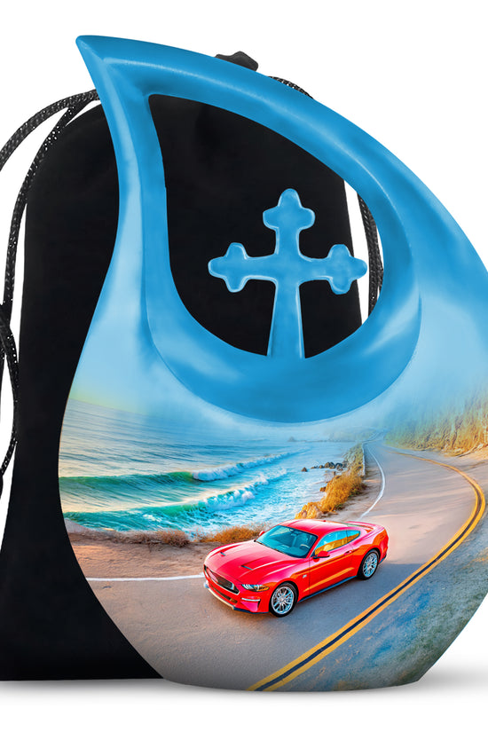 Vivid Blue Car Cremation Urn top-down view of secure threaded lid - devotional cross-drop car engraving - full-size 10 inch 200 cubic inch adult cremation urn