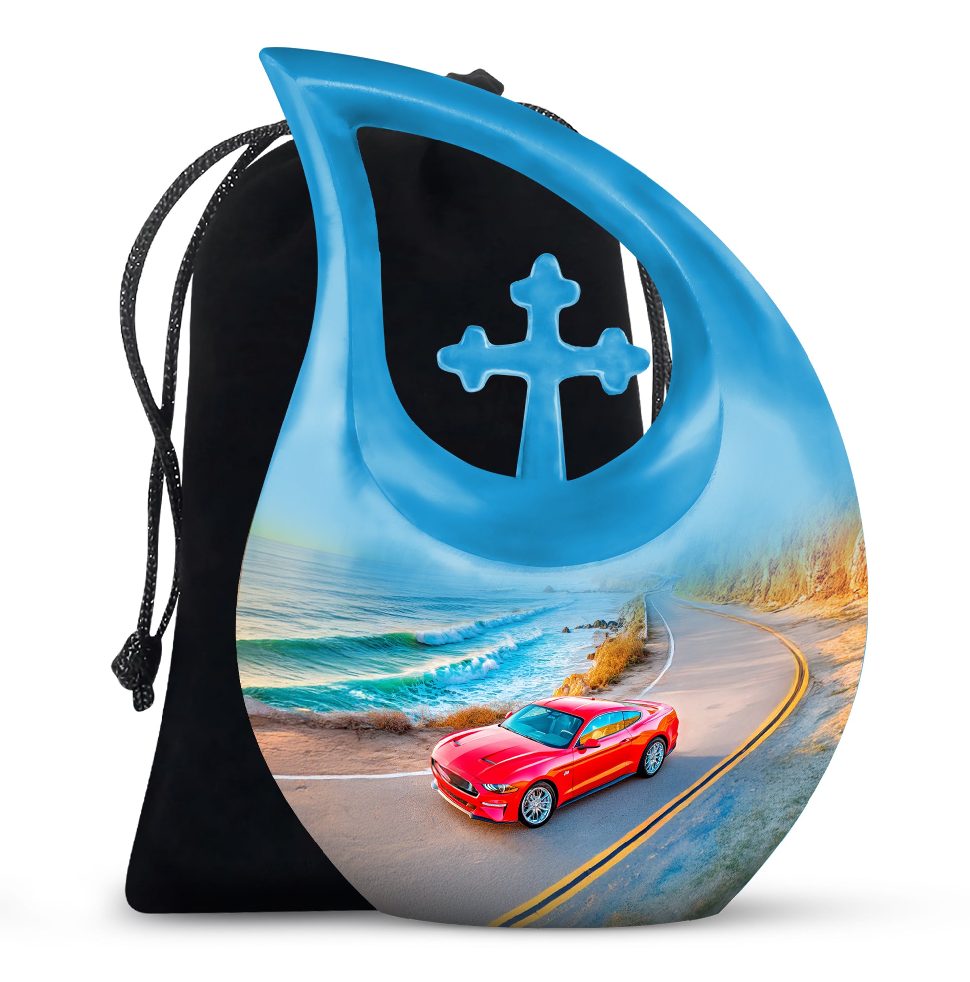 Vivid Blue Car Cremation Urn top-down view of secure threaded lid - devotional cross-drop car engraving - full-size 10 inch 200 cubic inch adult cremation urn