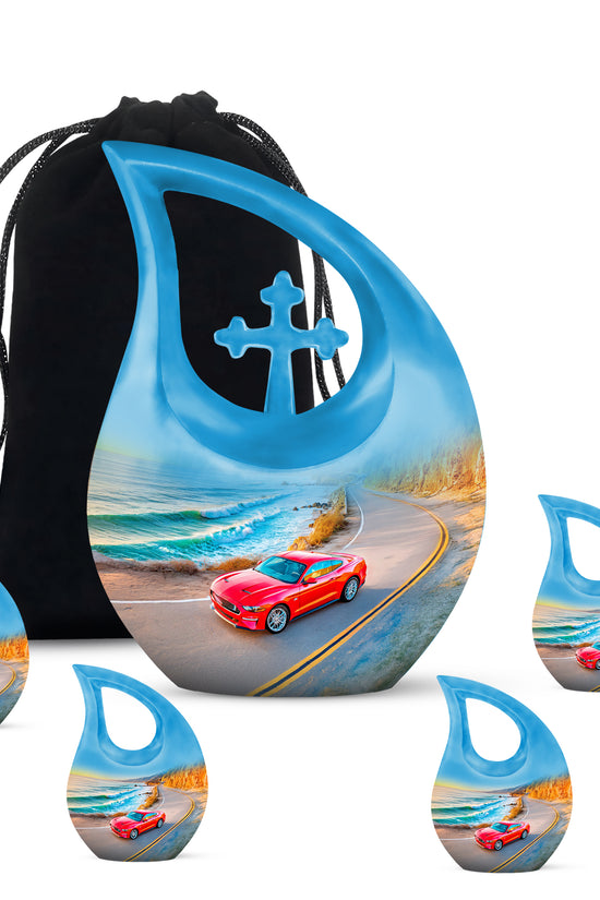 Cobalt Blue Car Cremation Urn urn with complimentary velvet bag - faith-inspired cross-drop urn with car pattern - memorial set with one large and four small urns