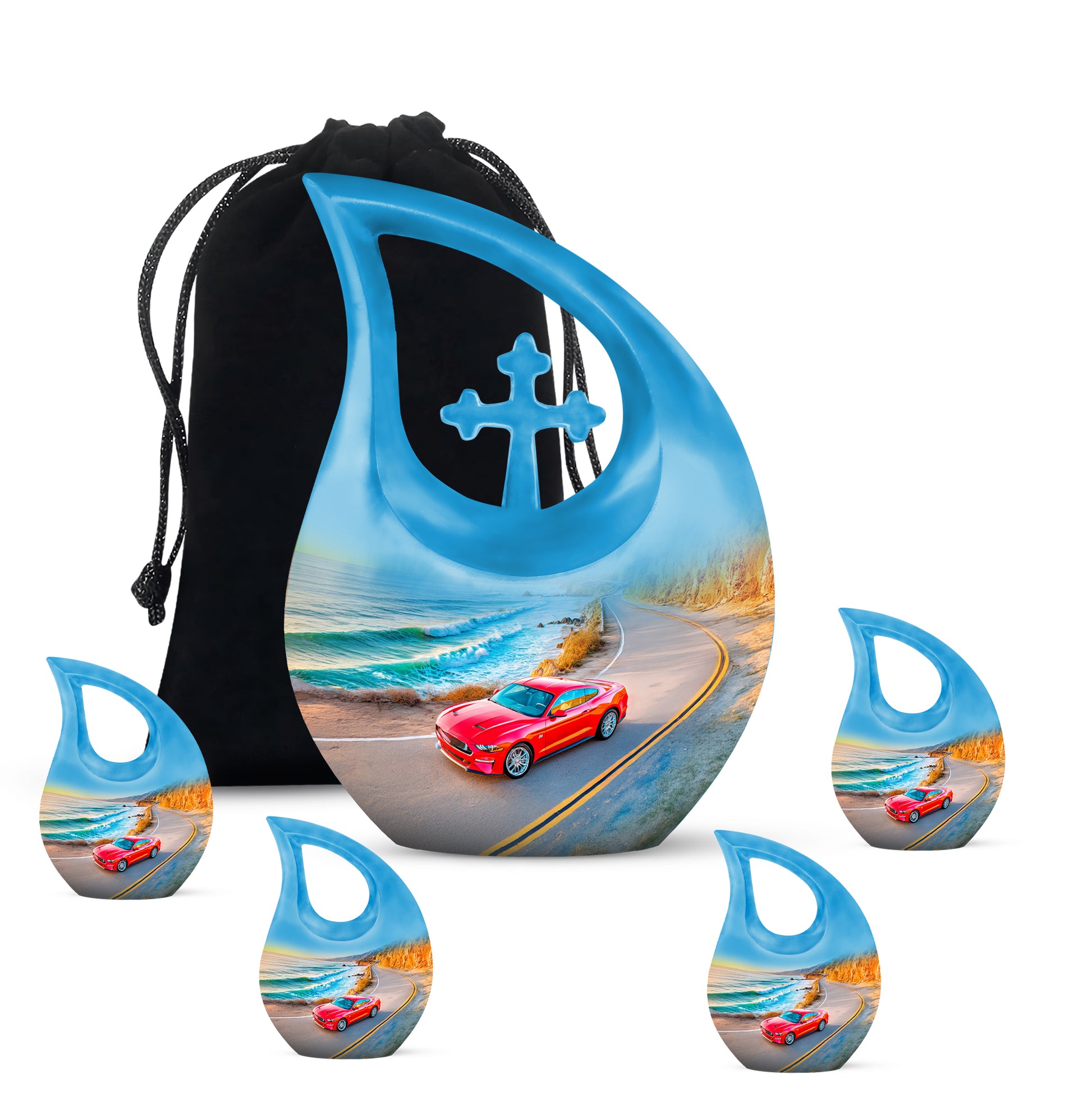 Cobalt Blue Car Cremation Urn urn with complimentary velvet bag - faith-inspired cross-drop urn with car pattern - memorial set with one large and four small urns