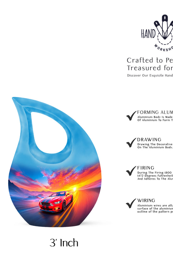 Steel Blue Car Cremation Urn back view with polished surface - faith-inspired cross-drop urn with car pattern - mini keepsake memorial for portion of cremation ashes