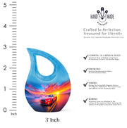 Steel Blue Car Cremation Urn back view with polished surface - faith-inspired cross-drop urn with car pattern - mini keepsake memorial for portion of cremation ashes
