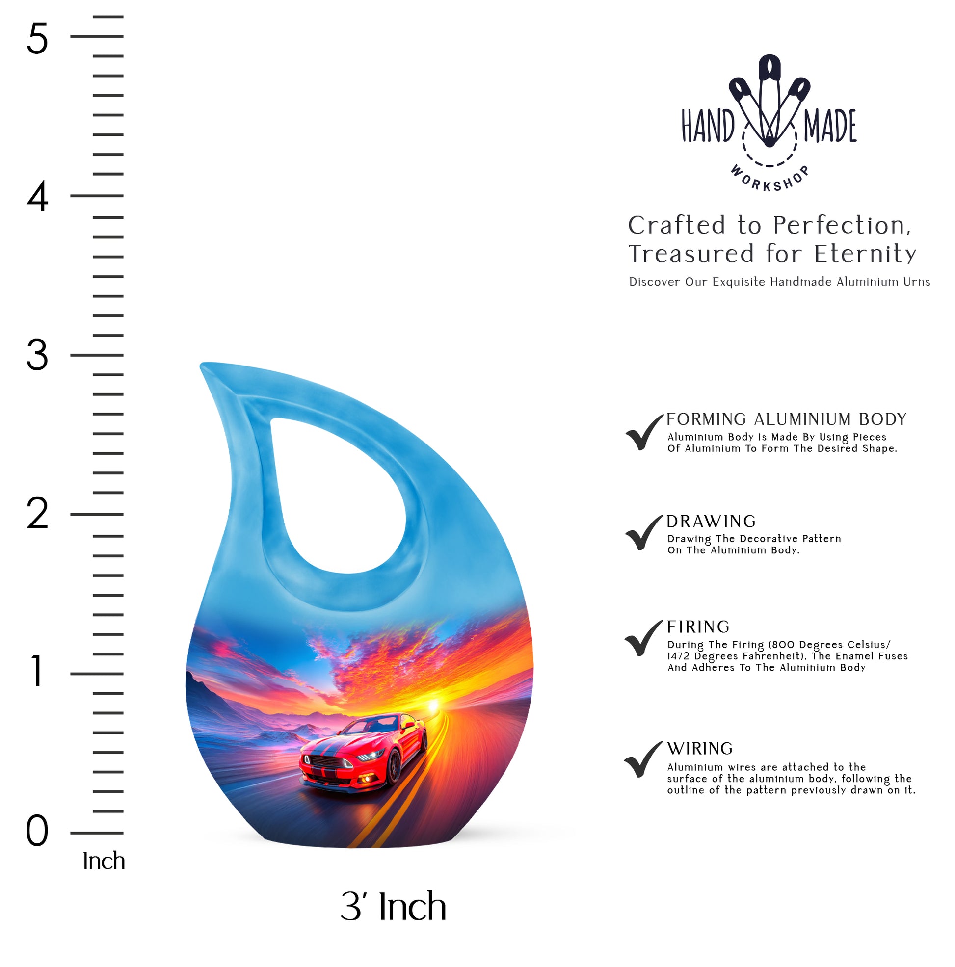 Steel Blue Car Cremation Urn back view with polished surface - faith-inspired cross-drop urn with car pattern - mini keepsake memorial for portion of cremation ashes