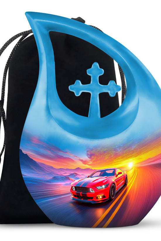 Serene Blue Car Cremation Urn top-down view of secure threaded lid - faith-inspired cross-drop urn with car pattern - full-size 10 inch 200 cubic inch adult cremation urn