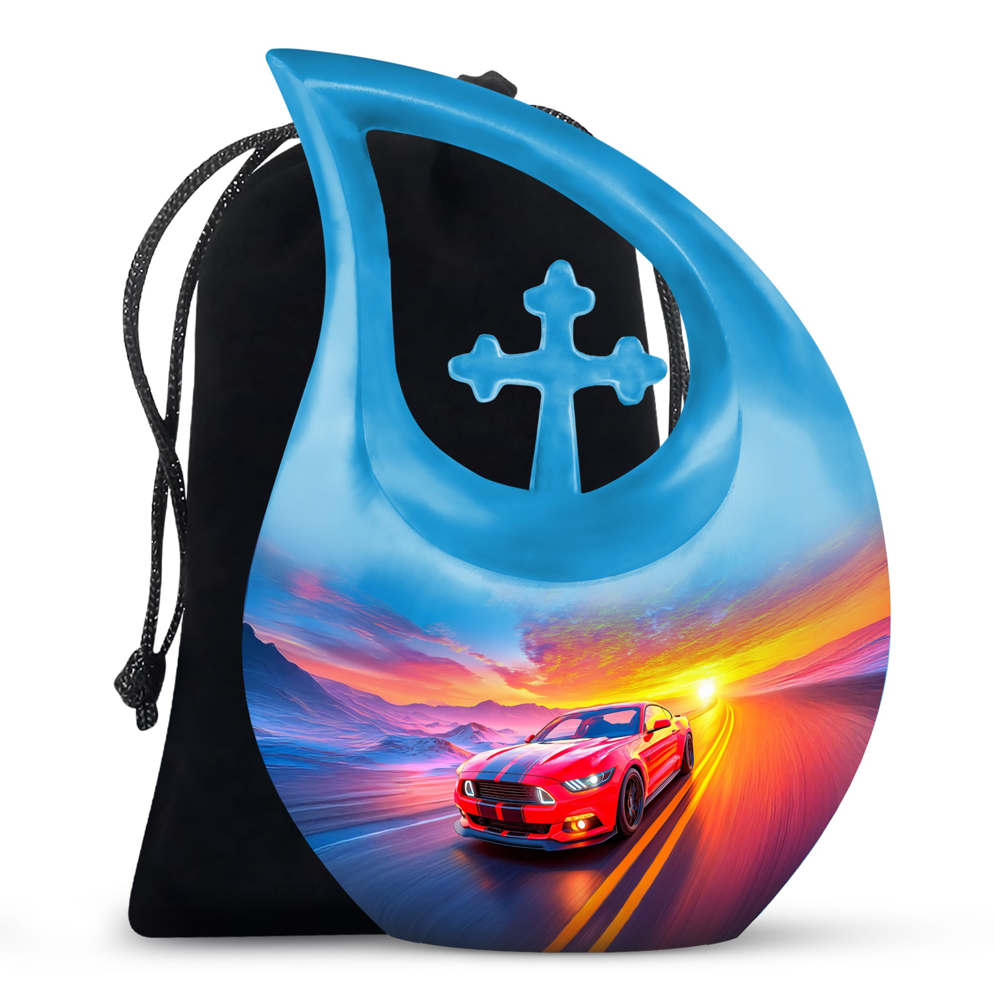 Serene Blue Car Cremation Urn top-down view of secure threaded lid - faith-inspired cross-drop urn with car pattern - full-size 10 inch 200 cubic inch adult cremation urn