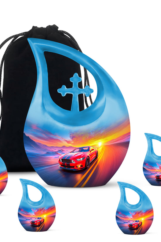 Celestial Blue Car Cremation Urn urn with complimentary velvet bag - sacred cross merged with car motif on metal - memorial set with one large and four small urns