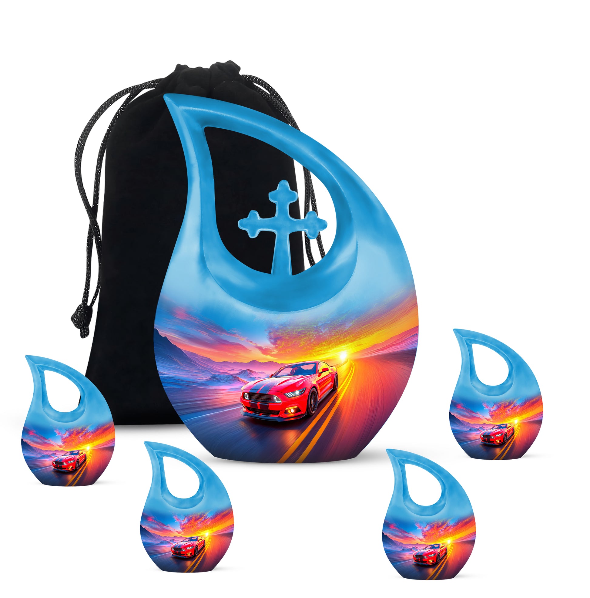 Celestial Blue Car Cremation Urn urn with complimentary velvet bag - sacred cross merged with car motif on metal - memorial set with one large and four small urns
