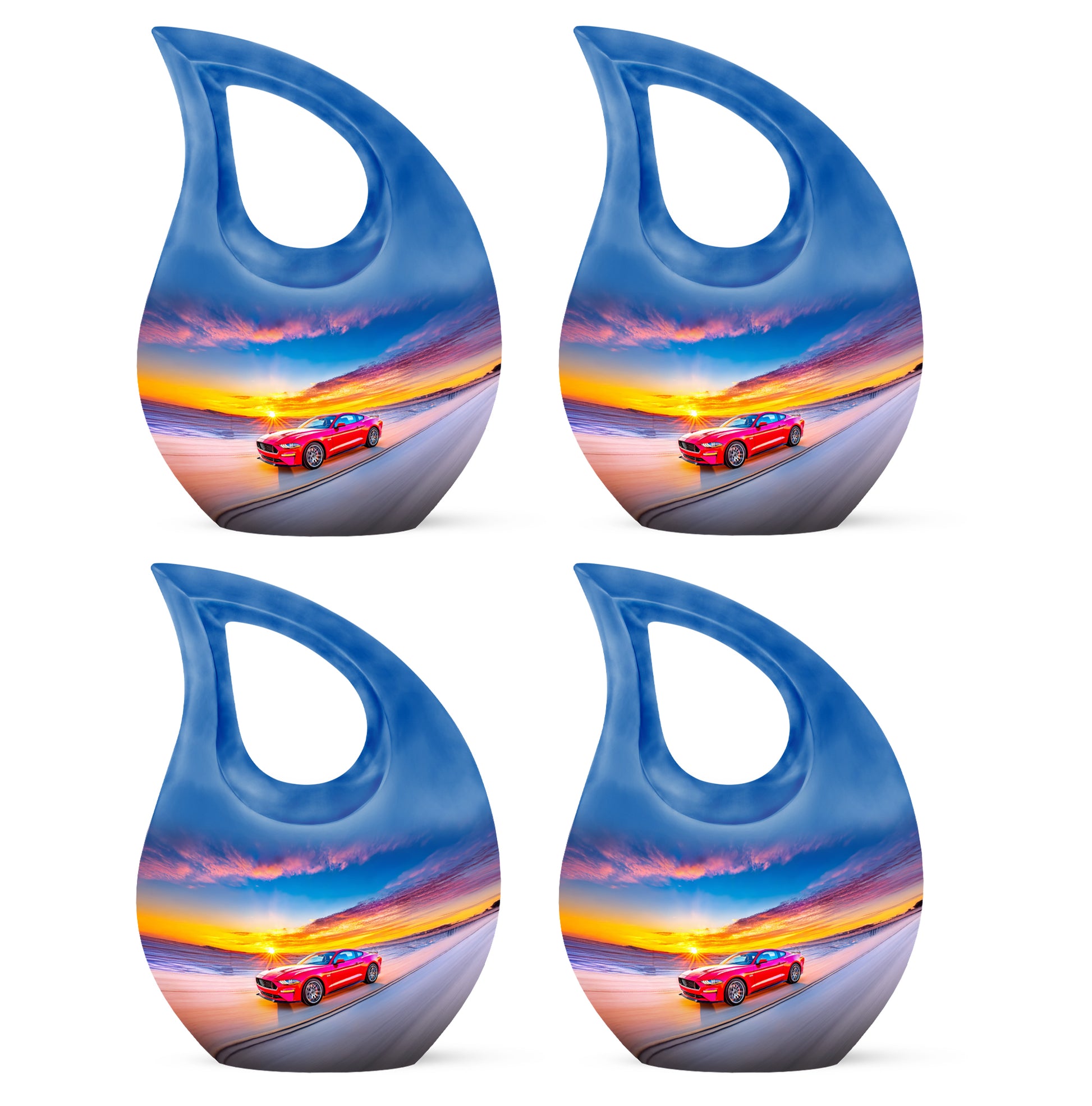 Serene Blue Car Cremation Urn lifestyle display on memorial shelf - faith-inspired cross-drop urn with car pattern - 10 inch aluminum urn for cremated remains