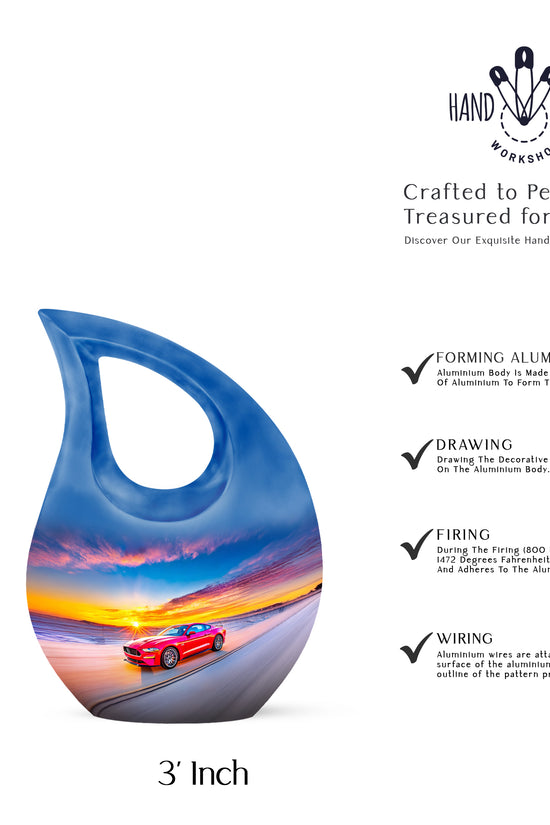 Azure Car Cremation Urn back view with polished surface - cross and car combined in spiritual memorial design - mini keepsake memorial for portion of cremation ashes