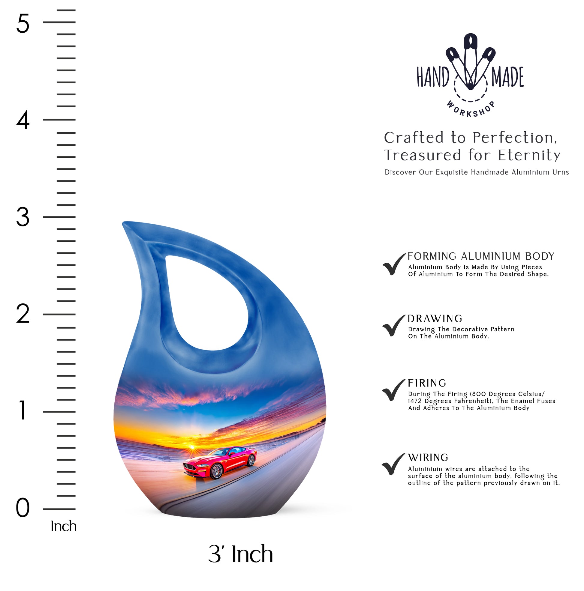 Azure Car Cremation Urn back view with polished surface - cross and car combined in spiritual memorial design - mini keepsake memorial for portion of cremation ashes
