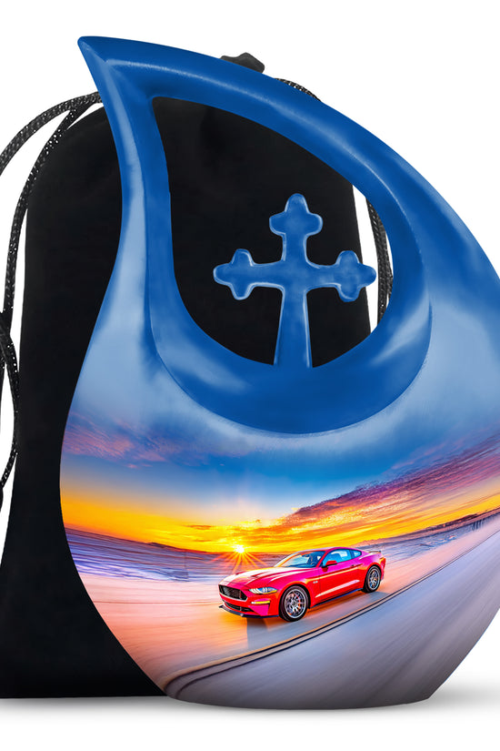 Bright Blue Car Cremation Urn top-down view of secure threaded lid - devotional cross-drop car engraving - full-size 10 inch 200 cubic inch adult cremation urn