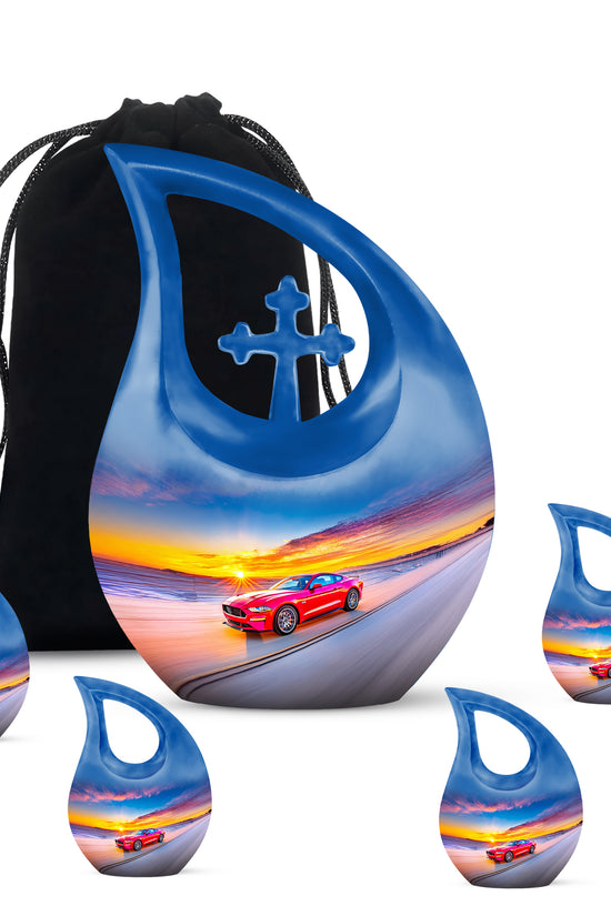 Indigo Car Cremation Urn urn with complimentary velvet bag - cross and car combined in spiritual memorial design - memorial set with one large and four small urns