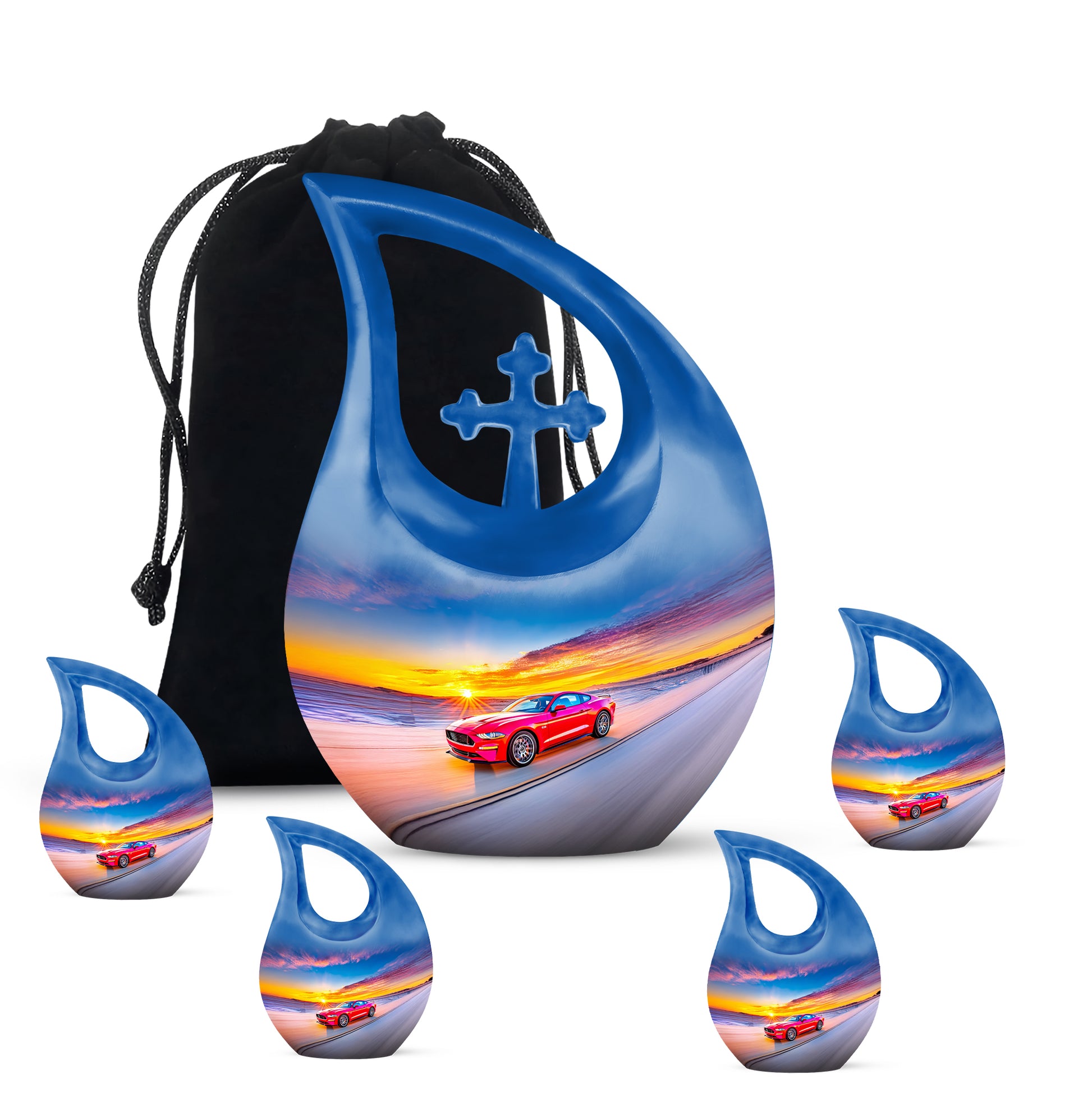 Indigo Car Cremation Urn urn with complimentary velvet bag - cross and car combined in spiritual memorial design - memorial set with one large and four small urns