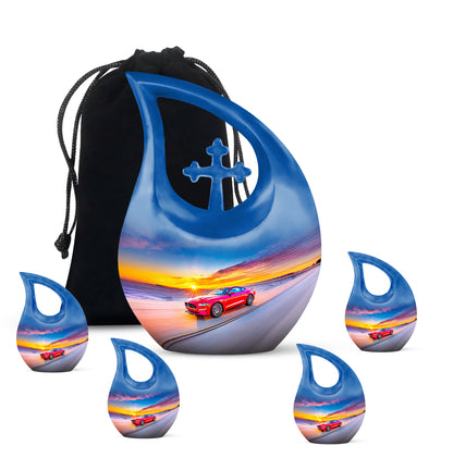 Indigo Car Cremation Urn urn with complimentary velvet bag - cross and car combined in spiritual memorial design - memorial set with one large and four small urns