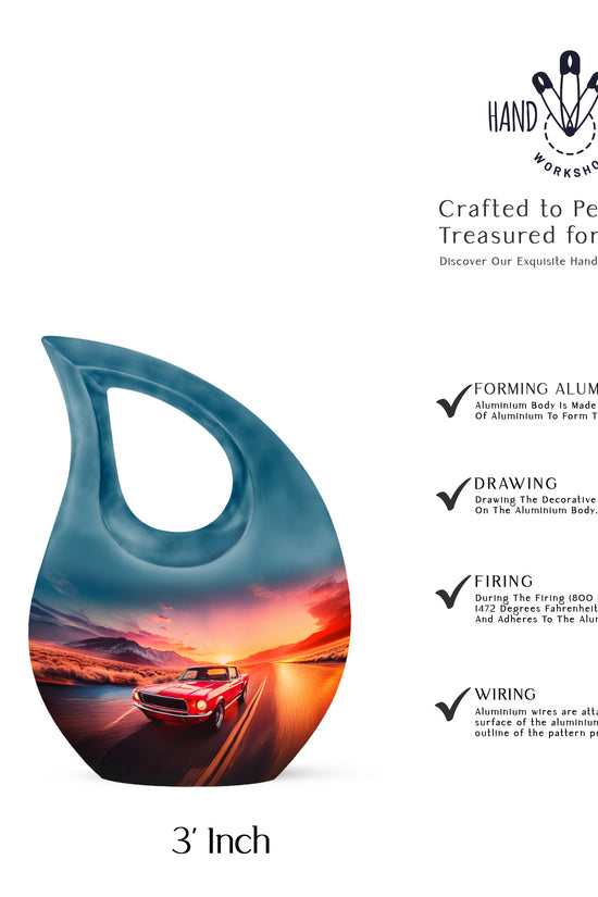 Azure Car Cremation Urn back view with polished surface - cross and car combined in spiritual memorial design - mini keepsake memorial for portion of cremation ashes