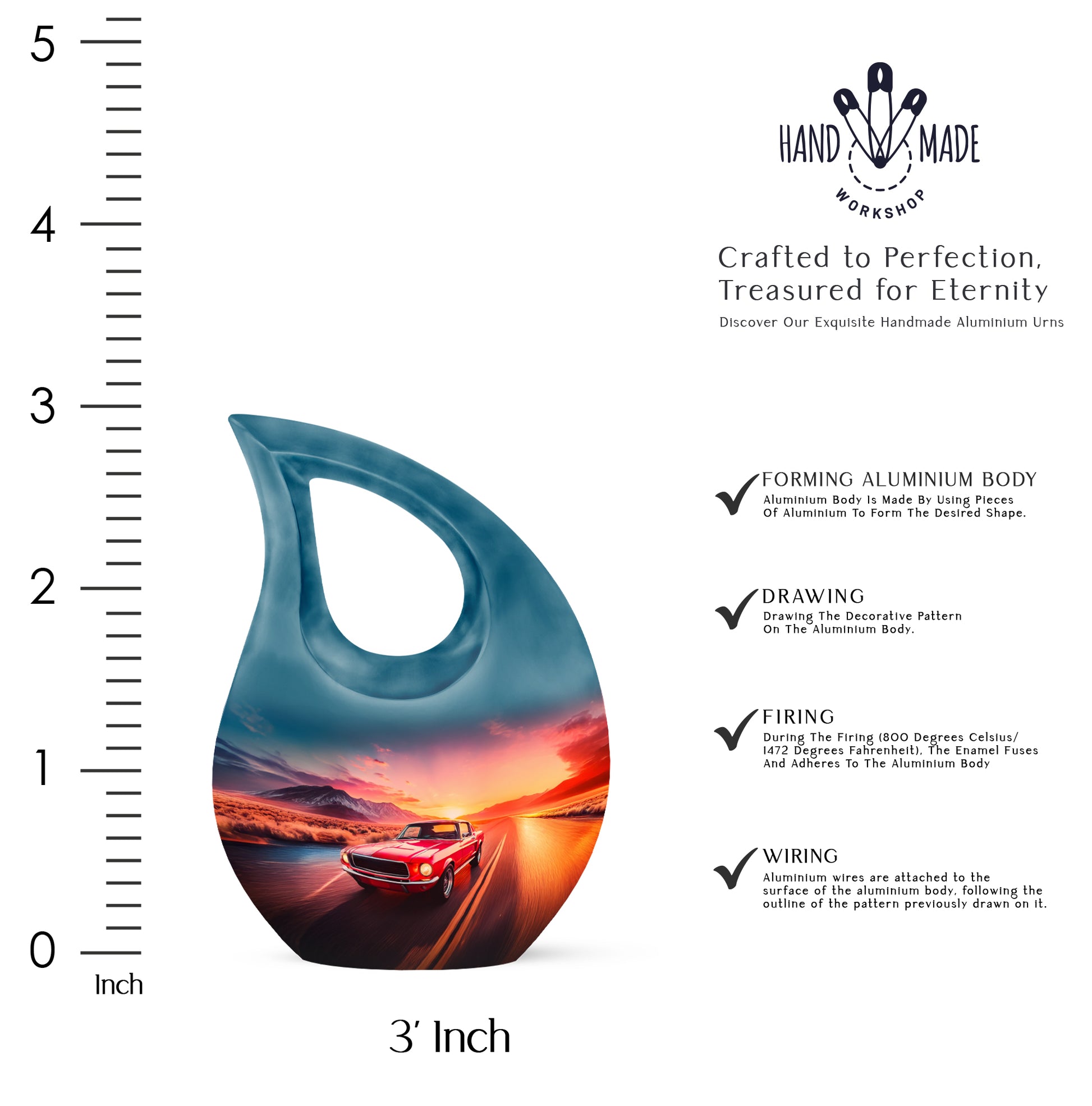 Azure Car Cremation Urn back view with polished surface - cross and car combined in spiritual memorial design - mini keepsake memorial for portion of cremation ashes