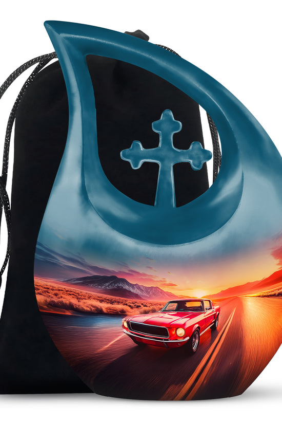 Sapphire Blue Car Cremation Urn top-down view of secure threaded lid - devotional cross-drop car engraving - full-size 10 inch 200 cubic inch adult cremation urn