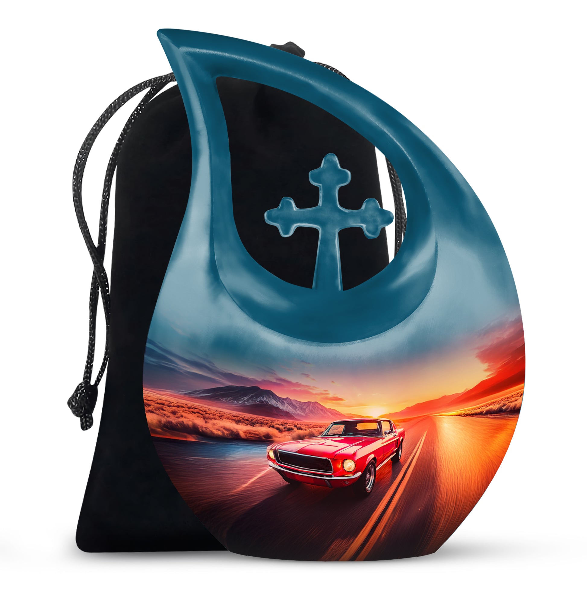 Sapphire Blue Car Cremation Urn top-down view of secure threaded lid - devotional cross-drop car engraving - full-size 10 inch 200 cubic inch adult cremation urn