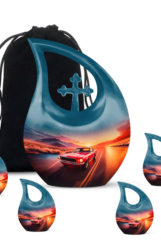 Twilight Blue Car Cremation Urn urn with complimentary velvet bag - devotional cross-drop car engraving - memorial set with one large and four small urns
