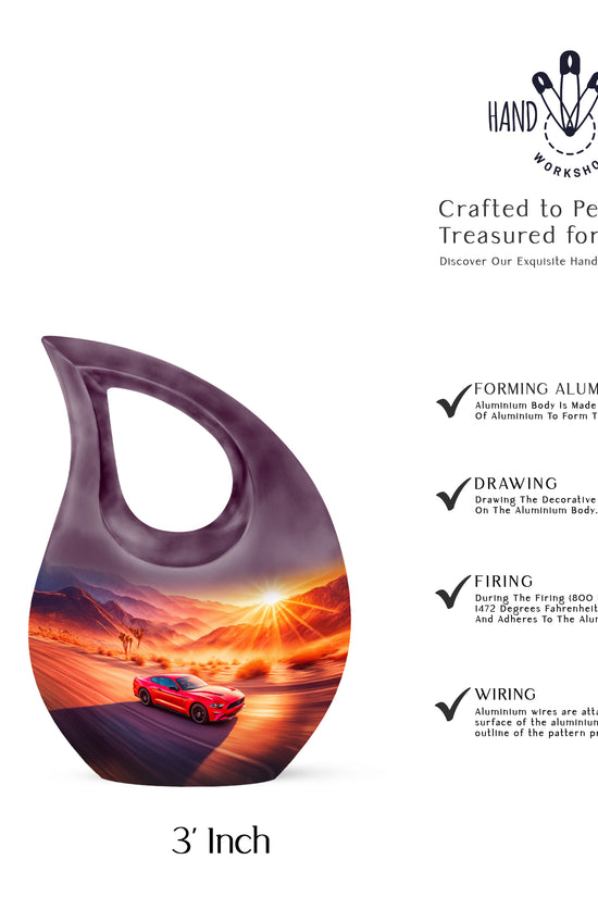 Vintage Pink Car Cremation Urn back view with polished surface - devotional cross-drop car engraving - mini keepsake memorial for portion of cremation ashes